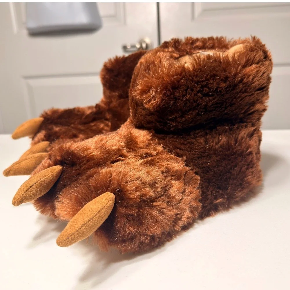 Millffy Brown Bear Paw Slippers Kids 13-3 Monster Claw Plush Fuzzy Non-Slip M